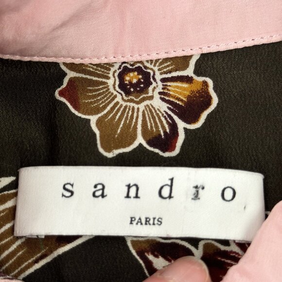 Sandro Paris Brown Floral Pink Collared Silk Blouse - Picture 4 of 14